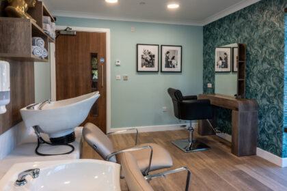 Bright and accessible bathroom inside York Manor Care Home, featuring safety grab bars, a walk-in shower with a non-slip floor, and a sink with easy-to-reach fixtures. The space is designed for comfort and safety, with clean, modern fixtures and soft lighting creating a welcoming atmosphere.